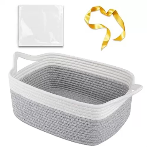 OIAHOMY Small Woven Rope Basket with Gift Bags and Ribbons, Gift basket Empty for Baby shower Birthday, Halloween, Christmas, Cute Cat Ear Handles for Shelf Living Room Bathroom, Grey & White