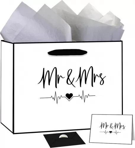 OIIVPOK Wedding Gift Bag, Bridal Shower Gift Bags with Tissue Paper and Card, Large Wedding Wrapping Paper, White Black Mrs and Mr Bag Bridal Wrapping Paper Engagement Shower Gift Bags for Couple