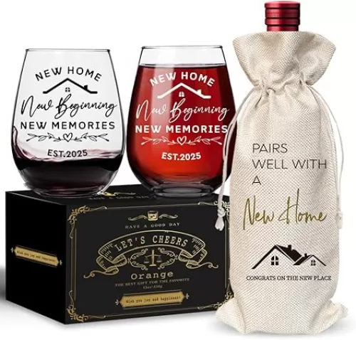 Pairs Well With A New Home Stemless Wine Glass & Linen Wine Bag Gift Set, Housewarming Couples Gift for BFF New Homeowner Hostess Realtor Clients, 1 Pack Reusable Burlap Wine Bag-28