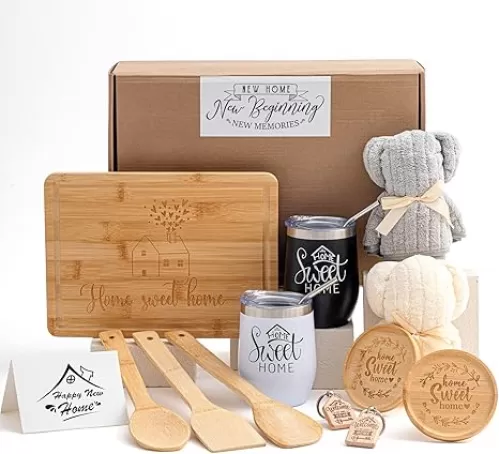 Patelai House Warming Gifts New Home, 14pack Housewarming Gift Basket New House Closing for Home Buyers Sweet Bamboo Serving Board Kitchen for Couple Women Men Clients Apartment