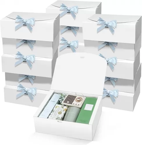 PEKGRIL 15 PCs Gift Boxes with Lids, White 10X8X4 Inch Gift Boxes, Bridesmaid Proposal Box with Ribbon, Kraft Paper Boxes for Wedding, Packaging, Present, Birthday, Christmas, Party