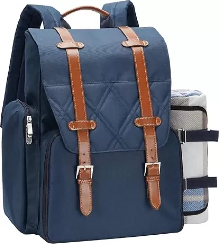 Picnic Backpack for 4 Person with Large Insulated Cooler Bag, Picnic Basket Set with Wine Pouch, Waterproof Picnic Blanket & Cutlery Set. Perfect for, Camping, Party, Wedding Gift for Couple, Blue
