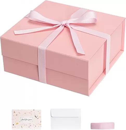 Pink Gift Boxes with Lids Pack of 1, 6x6x3 Inches Small Gift Box with Ribbon, Collapsible Gift Boxes with Magnetic Closure for Presents, Bridesmaid Proposal Box for Family Mom Girlfriend
