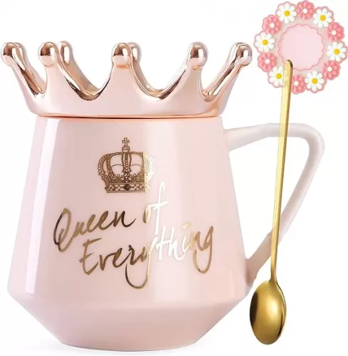 Pink Queen of Everything Mug with Lid Cute Pink Cup with Crown Tea Coffee Mugs Gift with Spoon & Coaster 12 oz Ceramic Cups Birthday Gifts for Women Girls Mom Friend Mothers Day Gifts for Mom