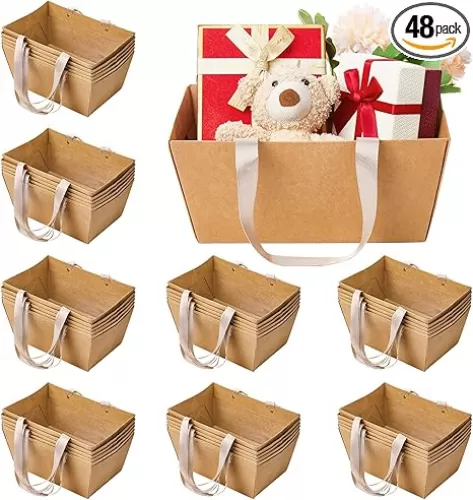 Pinkunn 48 Pcs Basket for Gifts Empty DIY Bulk Party Gift Basket Kit with Handles Market Trays for Packages Wrapping Wedding Party Anniversary Display (9.8 x 6.5 x 4.3 In)(Brown)