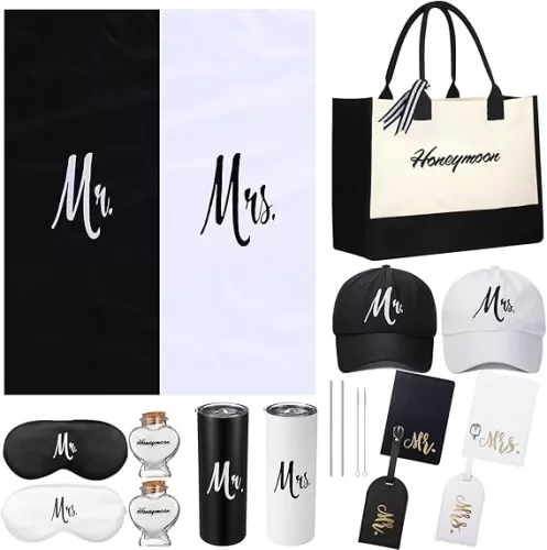 Preboun 14 Pcs Wedding Gifts for Couple Honeymoon Gifts Include Mr and Mrs Beach Towels 20 oz Wine Tumbler Hat Shareable Passport Holder Baggage Tag Glass Bottle Canvas Honeymoon Tote Bag Sleep Mask