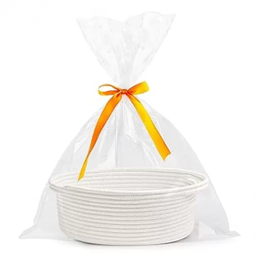 Pro Goleem Small Woven Basket with Gift Bags and Ribbons Durable Baskets for Gifts Empty Small Rope Basket for Storage 12"X 8" X 5" Baby Toy Baskets with Handles, White