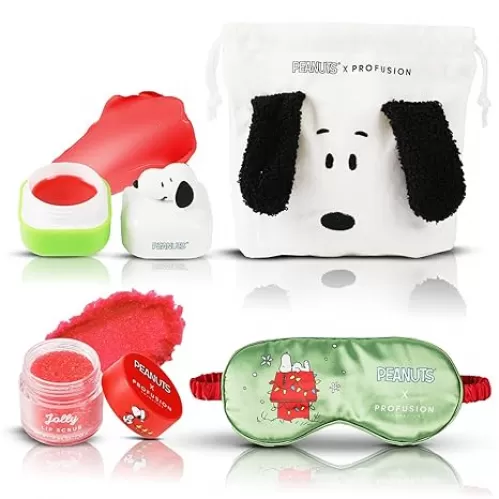 Profusion Cosmetics Peanuts Holiday Goodnight Set, Featuring A Lip Balm, Scrub, Snoopy Pouch and Eye Sleep Mask, Infused with Vitamin E