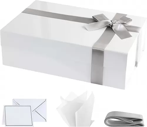 Purple Q Crafts Premium White Gift Box with Magnetic Closure - 14x9x4 inches - Includes Ribbon and Gift Card - Elegant Presentation Box for All Occasions