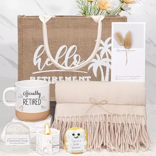 Retirement Gift Basket for Women, Ceramic Coffee Mug, Shawl Wrap, Beach Travel Bag, Handmade Gifts; Perfect for Retirees, Teachers, Moms, Grandmas