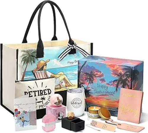 Retirement Gift for Woman 2025, 11 Pcs Happy Retired Gifts with Retirees Tumbler, Travel Tote Bag Set, Funny Decider Dice, Best Retirement Gifts Baskets for Coworker Teacher Nurses Friends