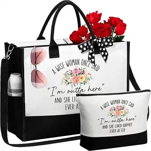 Retirement Gift Set for Women 2025 - Cool Presents for Coworker, Teacher, Nurse, Boss, Friend, Mom, Grandma - Funny Retired Canvas Tote Bag & Makeup Bag