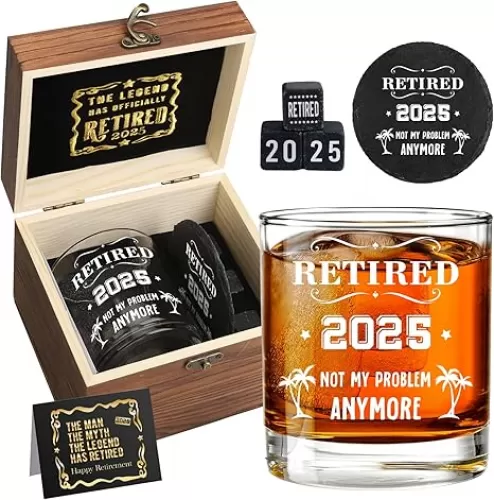 Retirement Gifts for Men- Retired 2025 Not My Problem Anymore Whiskey Glass Set, Funny Retirement Gifts for Him, Colleague, Leader, Boss Teacher Coworker Ideas for Retirement Whiskey Glass Set