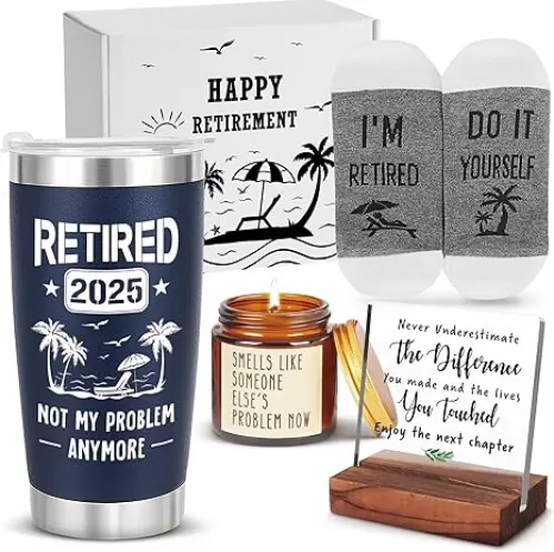 Retirement Gifts for Men 2025 Funny Happy Retirement Party Decoration Men Retired Goodbye Gifts for Coworker Boss Teacher Retired Tumbler Cup Socks Candle Decoration Sign Present Set