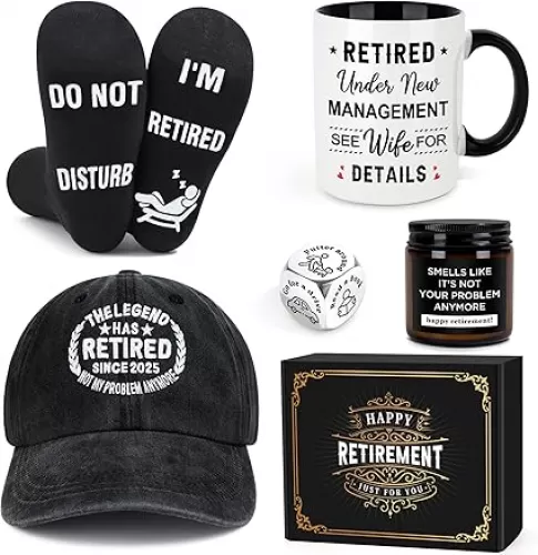 Retirement Gifts for Men 2025 Retired Gifts for Men Happy Retirement Decorations for Man The Legend has Retired Gift Ideas for Man Includes Mug Hat Candle Socks Dice