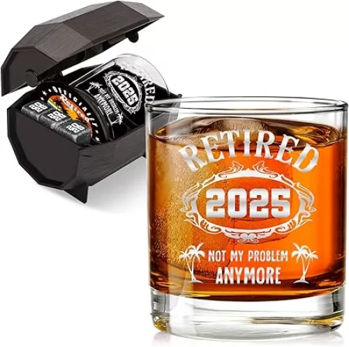 Retirement Gifts for Men Retired 2025 Not My Problem Anymore Whiskey Glass Set Retirement Gifts for Him Man Colleague Leader Boss Teacher Coworker Goodbye Going Away Farewell Gift for Whiskey Lover