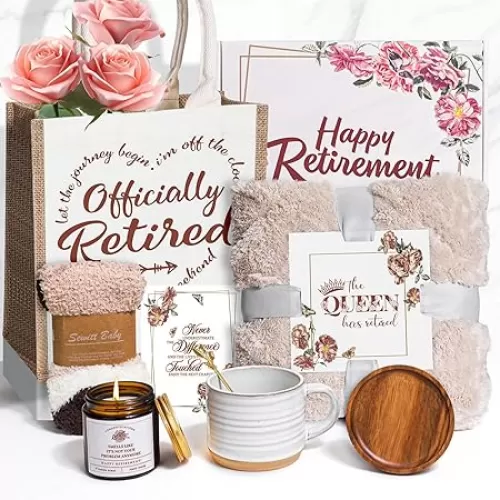 Retirement Gifts for Women , Funny Luxury Gift Box Set with Blanket, Mug with Lid and Spoon, Candle, Socks, Tote Bag, Card , Happy Retirement Gift for Coworker, Boss, Friend, Mom, Teacher