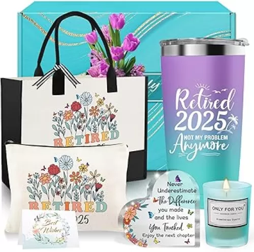 Retirement Gifts for Women 2025, Best Happy Retirement Gift for Teacher Nurse Mom Coworker Grandma, Funny Retired Gifts with 20 Oz Tumbler Canvas Tote Bag Candle Makeup Bag Acrylic Decor