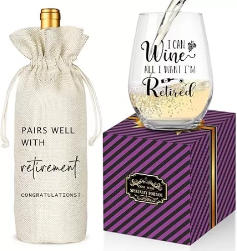 Retirement Gifts for Women Men, Funny Retirement Wine Glass and Wine Bag Set, Best Retired Gifts for Friends Cowkers Doctors Nurses Teachers Boss-PAIRS WELL WITH RETIREMENT
