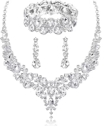 Rhinestone Bridal Jewelry Sets for Women Crystal Necklace Earrings Bracelet Set Silver-Tone Wedding Bridal Bridesmaid Gifts fit with Wedding Dress