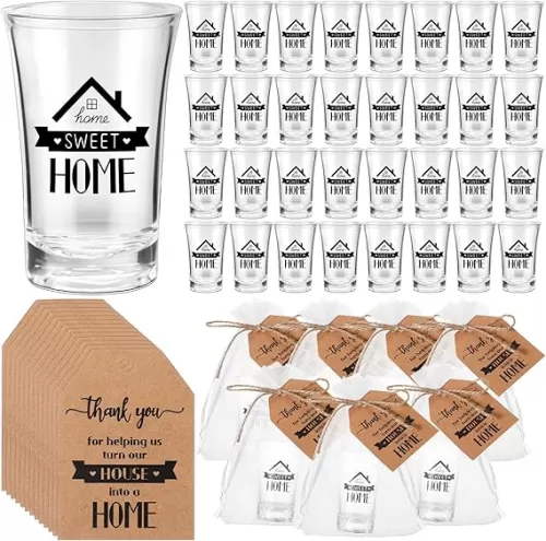 Roshtia 50 Sets Return Gifts for Housewarming, Sweet Home Shot Glasses with Thank You Cards in White Organza Bags Idea Twine New Home Housewarming Gifts for Guests