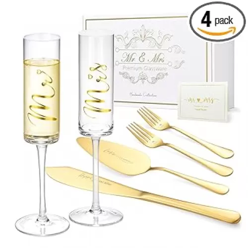 ROXBURGH Wedding Cake Knife and Server Set, Bride and Groom Mr and Mrs Champagne Flutes & Forks with Giftable Box, Cake Cutting Set for Wedding Engagement Bridal Shower Gifts