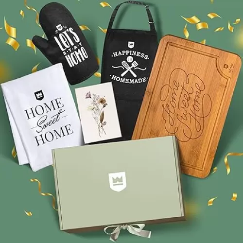 ROYAL CRAFT WOOD Cutting Board Set - Luxurious House Warming Gifts for New Home - Basket for First/New Home Owner with Towel, Apron - Ideal Welcome and Housewarming Presents for Homeowners