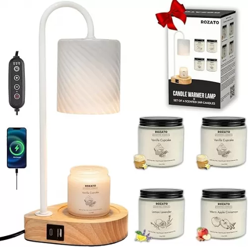ROZATO Candle Warmer Lamp + Set of 4 Small Scented Jar Candles, With USB Charging Port/Timer/Dimmer Aesthetic Decor Bedroom Living Room Desk Gift for Women Mom Her Birthday Housewarming Gifts New Home