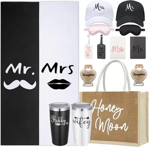 Rtteri 14 Pieces Wedding Gift Set for Couple - Mr & Mrs Honeymoon Gifts Include Wedding Towels, 20 oz Wine Tumbler, Hat, Passport Holder, Baggage Tag, Glass Bottle, Honeymoon Tote Bag