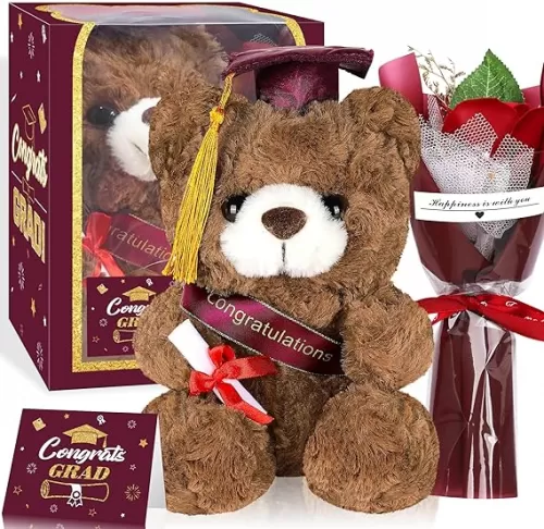 Sawowkuya Graduation Gifts Set Class of 2025 Stuffed Teddy Bear with Soap Artificial Flower Congrats Grad Card and Box with Window Maroon Graduation Gifts for Her Him (Maroon)