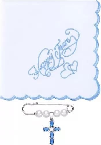 Set of 2 Blue Wedding Gift for Bride 12"x12" Happy Tears Embroidered Handkerchief and Bridal Bouquet Charm for Wedding Party Accessory Bridesmaid bridal shower gifts