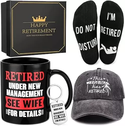 Sieral Retirement Gift Set for Men Funny Guys Retired Gifts Include Mug Baseball Cap Socks Keychain with Box