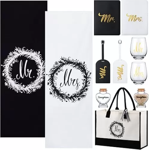 Silkfly 11 Pcs Wedding Gift Honeymoon Gift Set for Couple Include Mr and Mrs Beach Towel Luggage Tags Passport Holder Wine Glass Keepsake Jar Canvas Bag Bride and Groom Travel Accessories for Newlywed