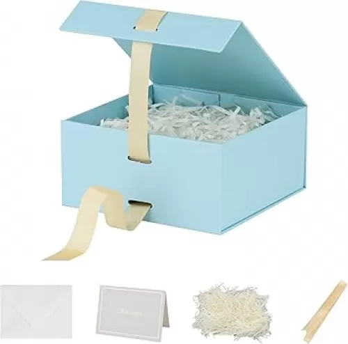 Skivra Blue Gift Box with Ribbon - 1 Pack, 6x6x3 Inch Small Collapsible Luxury Box with Lid, Magnetic Closure, Rectangle, Wedding Gifts, Shredded Paper Filler & Card