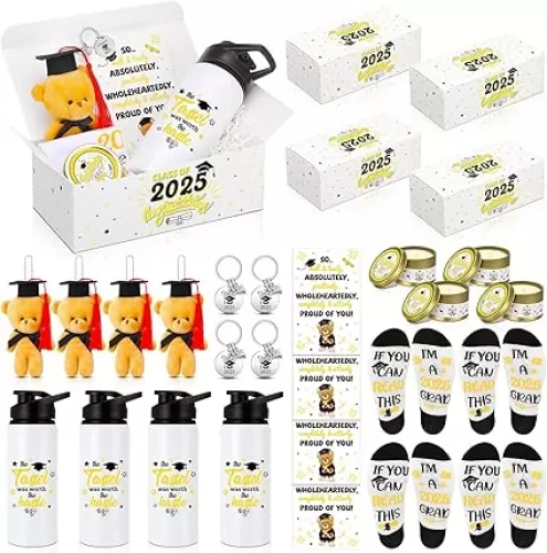 Skylety 4 Sets 28 Pcs Graduation Gifts for Him Her Class of 2025 Congrats Grad Gifts Box Include 20oz Water Tumbler Scented Candle Graduation Bear Stuffed Socks Grad Keychain