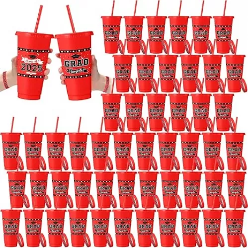 Skylety 50 Set / 100 Pcs 2025 Graduation Gifts Set Bulk Plastic 24oz Graduation Cups with Lid Straw and Class of 2025 Bracelet for Congrats Grad Events(Red)