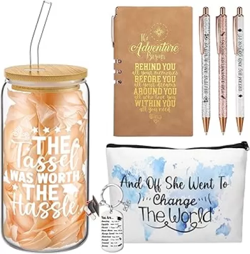 Skylety 7 Pcs 2025 Graduation Gifts Set for Her Congrats Grad Gift Basket Includes 16 oz Glass Cup Makeup Bag Keychain A6 Notepad 3 Pcs Ballpoints Pen Graduation Gift Box for Graduated Women