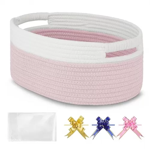 Small Woven Basket with Gift Bags and Ribbons, Empty Baby Gift Baskets, Shelf Storage, Small Cat Dog Pet Toy Boxes, 13”x 9”x 5.5”, Light Pink