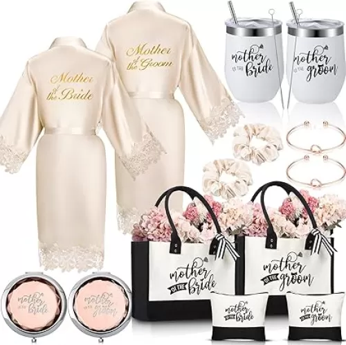 Suhine 14 Pcs Mother of The Bride and Groom Gifts Set Wedding Satin Robe Canvas Tote Bag with Makeup Bag 12 oz Tumbler Cup Small Makeup Mirror Scrunchies Knot Bracelet Wedding Gift for Mom(Champagne)