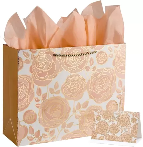 SUNCOLOR Gift Bag Set with Tissue Paper and Card, Rose Gold, Large 13W x 10.2H x 4.7D inches, for Wedding, Birthday, Baby Shower
