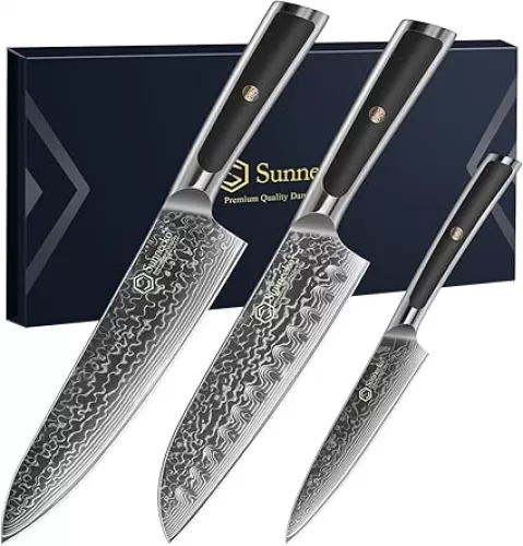 Sunnecko Damascus Kitchen Knife Set 3 Piece Chef Knife Set Professional, Sharp Kitchen Knives Sets Full Tang, Gift Box
