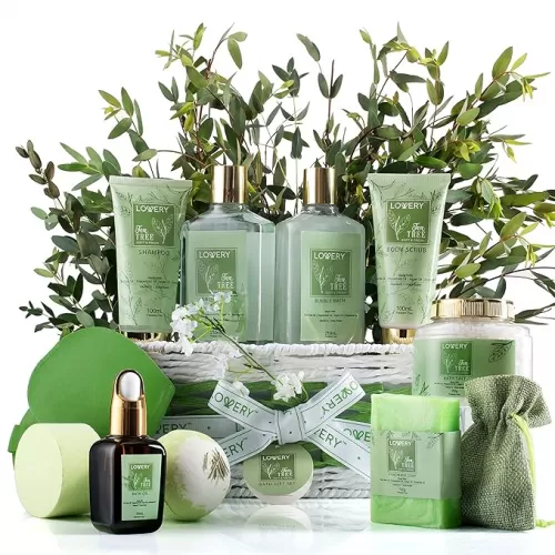 Tea Tree Bath Set - Luxury Home Spa Set with Calming Mint Fragrance – 15 pc Relaxation Gift Basket with Tea Tree Bath Oil, Shower Gel, Bubble Bath, Handmade Soap, Steamer Tablet, Potpourri & More