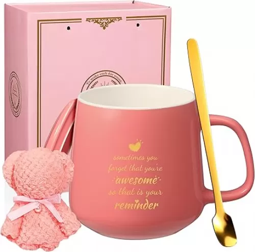 Thank You Gifts for Women, Funny Ceramic Coffee Mug for Mom Wife Friends Coworkers Employee, 13.4 OZ Pink Cup Gift Box with Towel, Inspirational Birthday Friendship Graduation Appreciation Presents