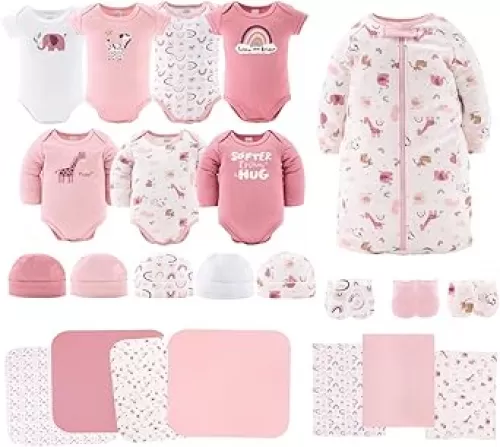 The Peanutshell Baby Layette Gift Set for Girls - 23 Piece New Born Girl Gift Set, Baby Clothes & Newborn Essentials Must Haves - Newborn Clothes 0-3 Months - Rainbow Safari