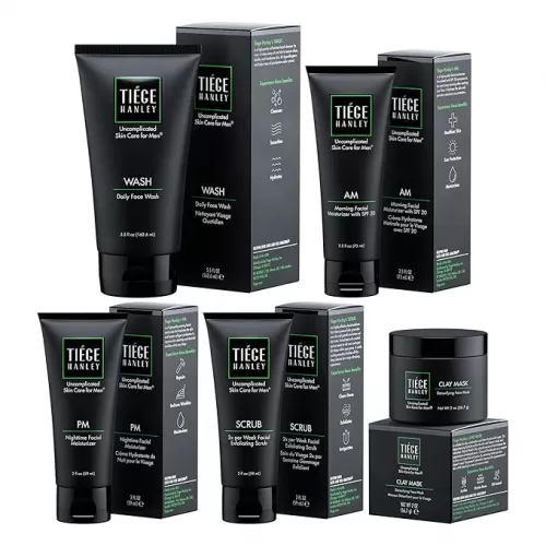 Tiege Hanley 90-Day Large Advanced Skin Care Routine for Men - Face Wash Kit for Fines Lines - Men's Skincare Set Includes Face Wash, Facial Scrub, Moisturizer, & Clay Mask