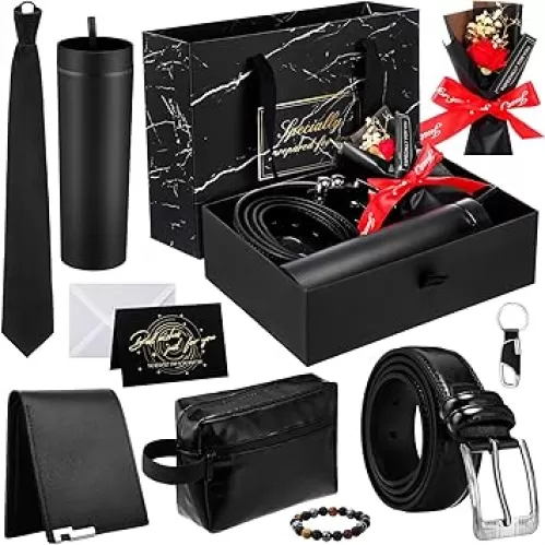 Tioncy 10 Pcs Men Birthdays Gift Set with Box for Men Skinny Acrylic Tumbler with Lid PU Leather Wallet Tie Belt Keychain Bouquet Bracelet Toiletry Bag Greeting Card Set (General)