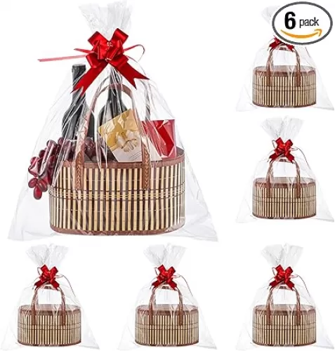 Tioncy 6 Set Baskets for Gifts Empty Bulk Large Woven Bamboo Gift Basket Kit with Handles, Clear Cellophane Wrap Baskets for Baby Shower, Birthday Party Wrapping Gift Bags Cards(Yellow)