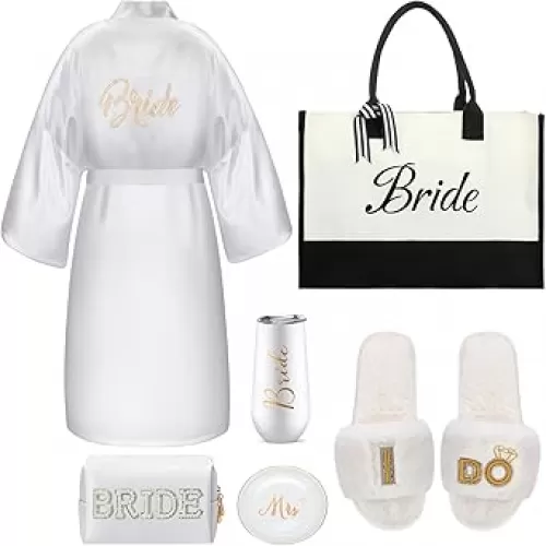 Toulite 6 Pcs Bridal Shower Gift Set Including Slide Slippers Wedding Tote Pearl Rhinestone Cosmetic Bag Bridal Robe Wedding Tumbler Ceramic Jewelry Dish Tray for Engagement Bachelorette Party