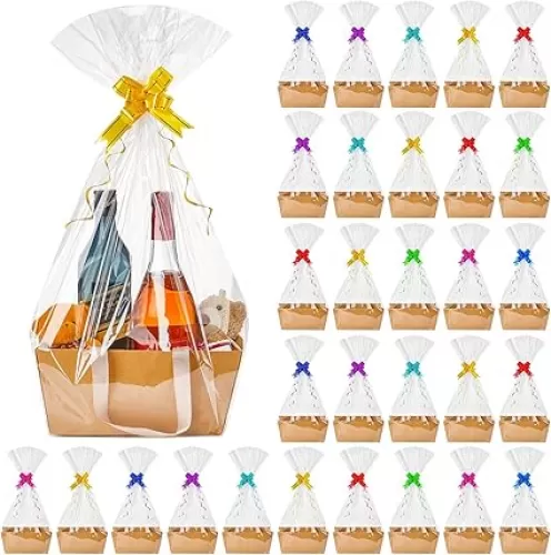 Tuanse 30 Pcs Basket for Gift Empty DIY Bulk Gift Basket Kit with Handle Kraft Cardboard Tray with 30 Bag 30 Bow Market Tray for Wedding Party(Brown, 9.8 x 6.5 x 4.3 in)