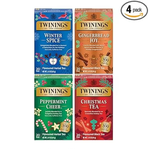 Twinings Holiday Variety Pack Tea Bags, Christmas Tea, Winter Spice, Gingerbread Joy, Peppermint Cheer, 20 Count (Pack of 4), Enjoy Hot or Iced, 80 Teabags